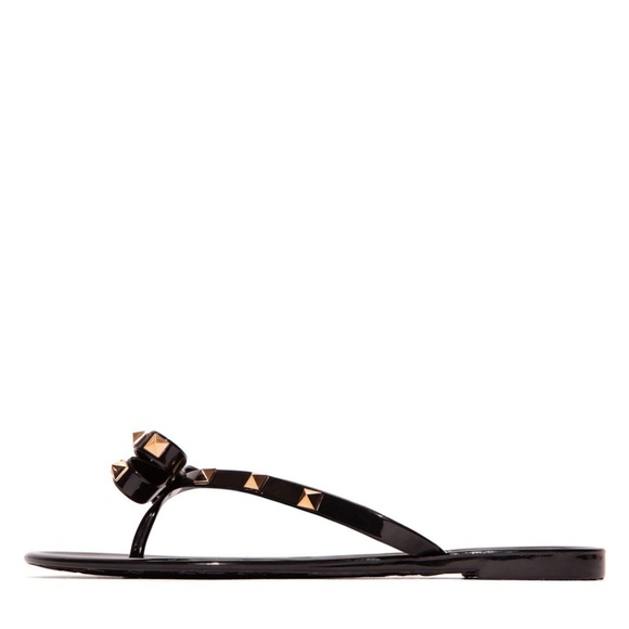 New Black Thong Open Toe Gold Studded Bow Jelly Slide Flat Sandal Flip Flops - Picture 4 of 5